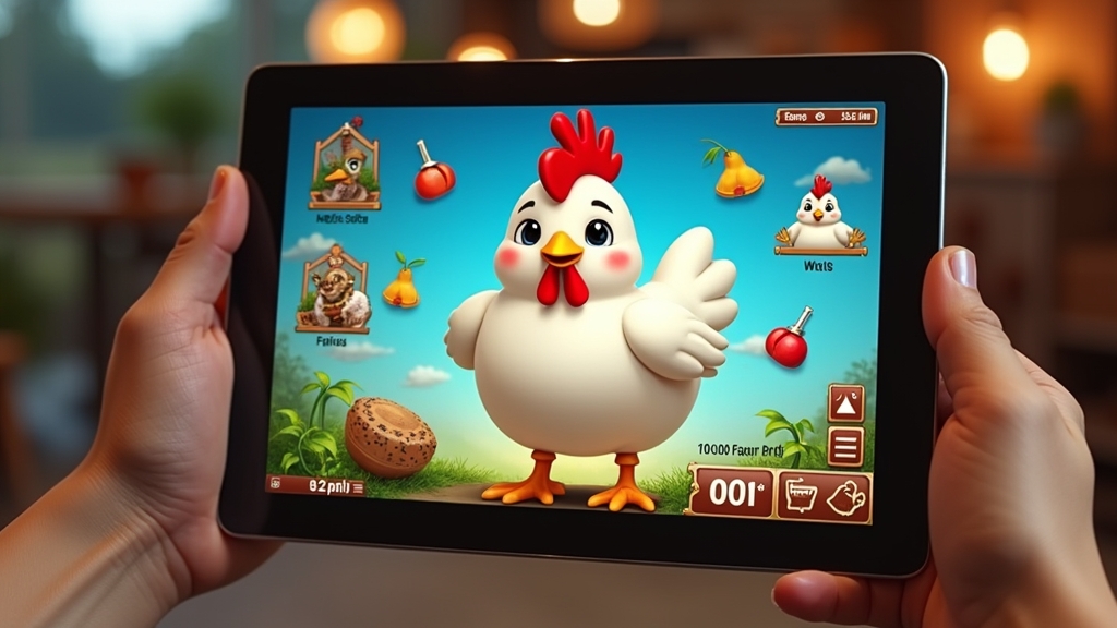 Bright chicken-themed casino interface on a tablet