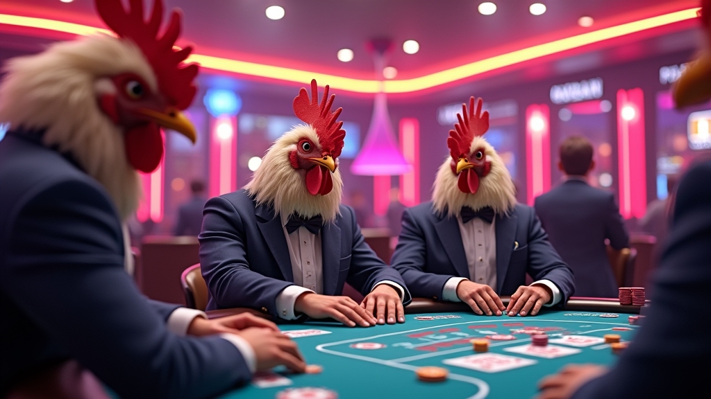 Chickens playing in a vibrant digital casino