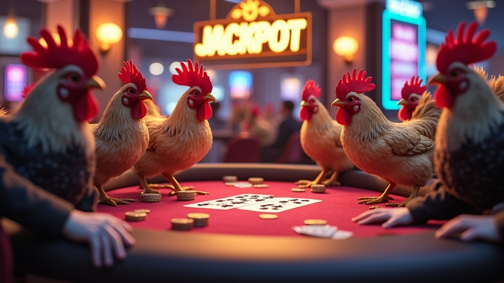 Chickens at poker table pulling strategic plays